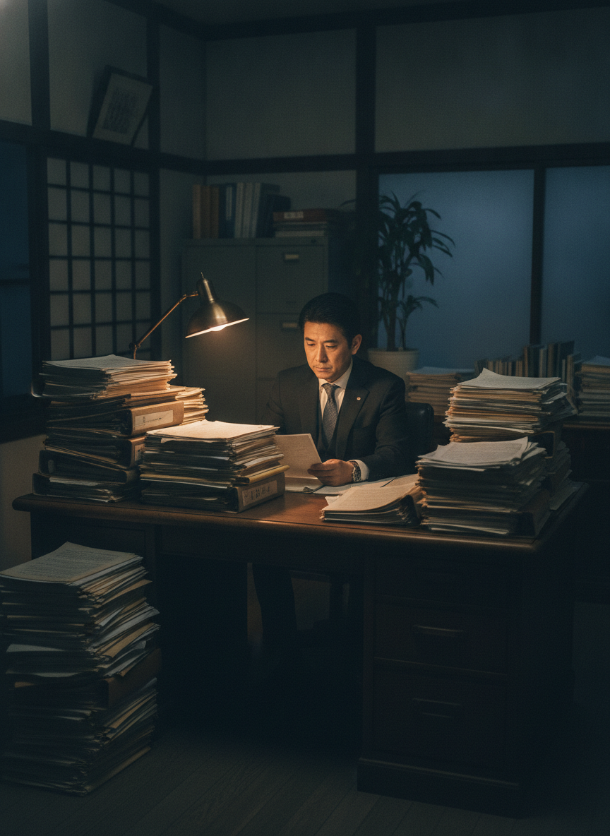 夜のオフィスで、書類の山にひとり向き合う経営者