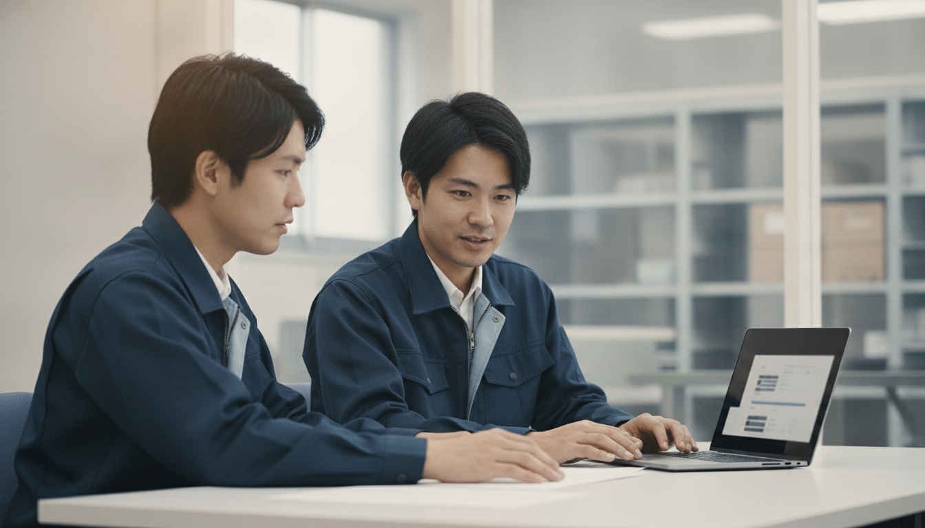 製造業の社員がPCで自作の在庫・図面AIツールを見ながら打ち合わせる様子