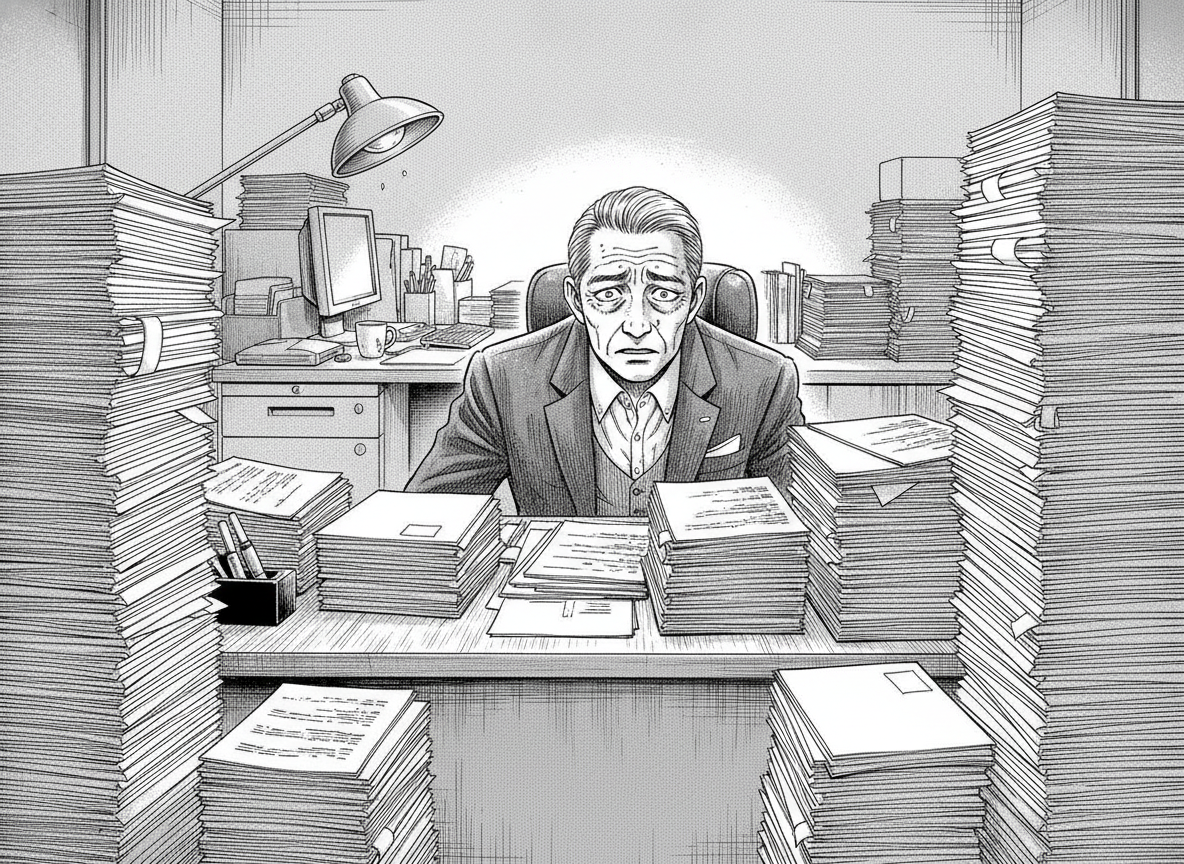 書類の山に囲まれ、疲れた表情の社長